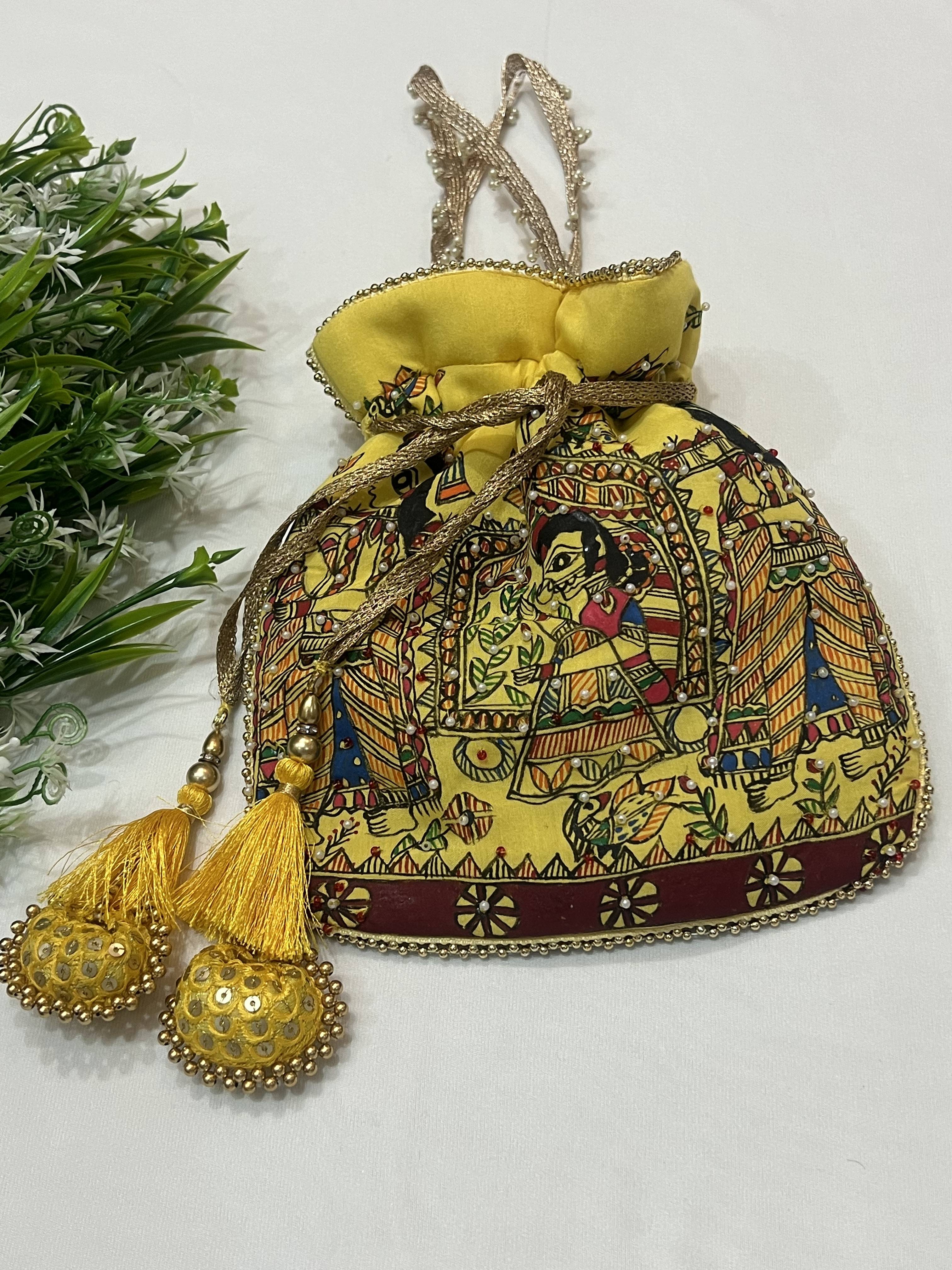 Hand-Painted Madhubani Yellow Potli with Doli Ka Haar Motif